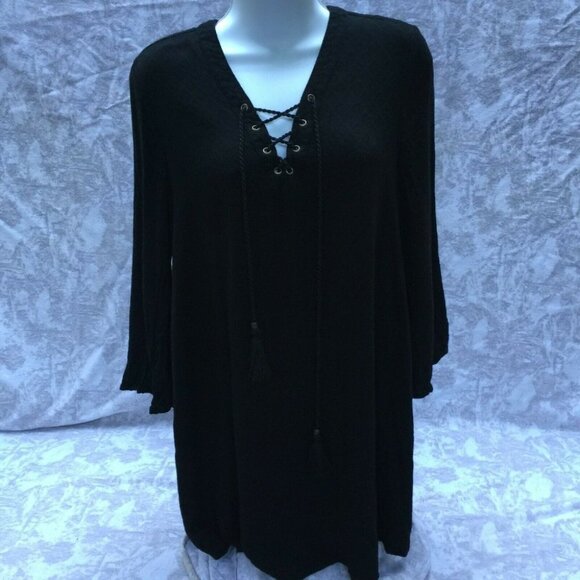 FOREVER 21 Black Peasant Tunic Top Tassels Blouse - Picture 1 of 7
